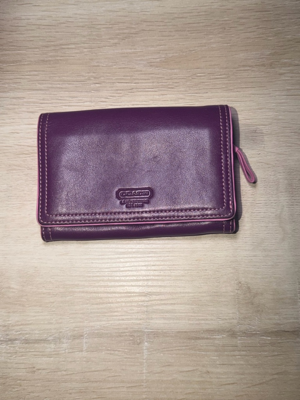 Coach (AUTHENTIC) Purple Leather Trifold Wallet with Pink Accents